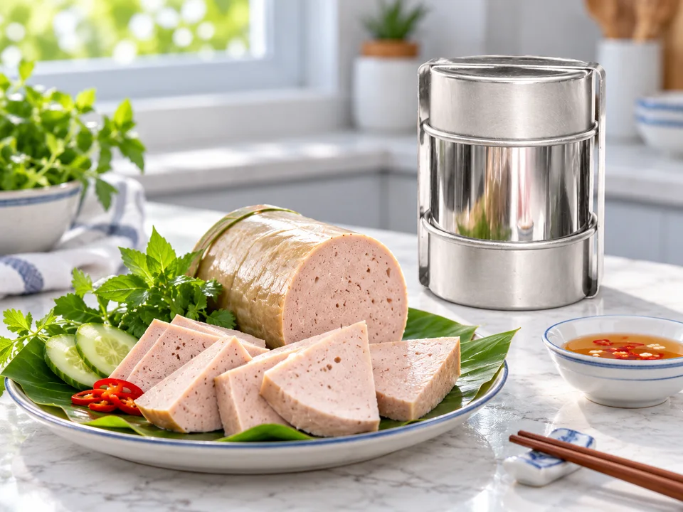 Minh họa AI đĩa giò thái lát và khuôn giò